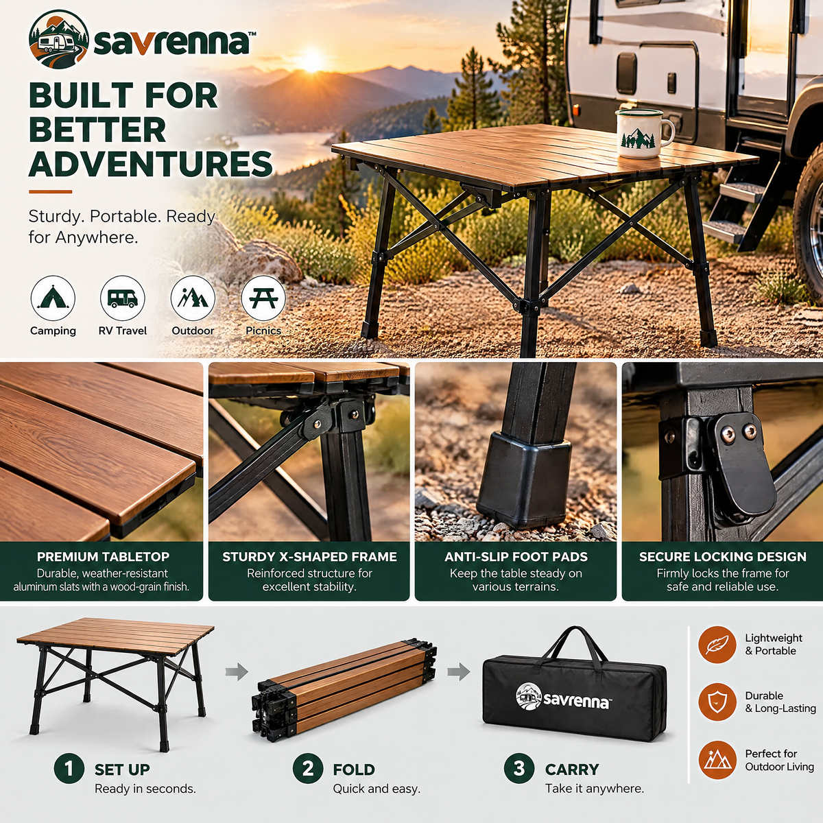 savrenna™ Roll-Top Folding Camp Table